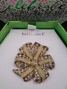 Bella Jack Goldtone with Pale Green Sparkle and Rhinestone Crystals Bow Brooch